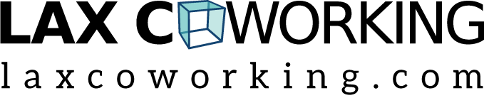 LAX Coworking logo with a stylized 3D box in place of an O in the word coworking