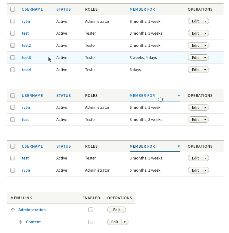 showing table, with hover upon row, underline on table column selection and lines between rows