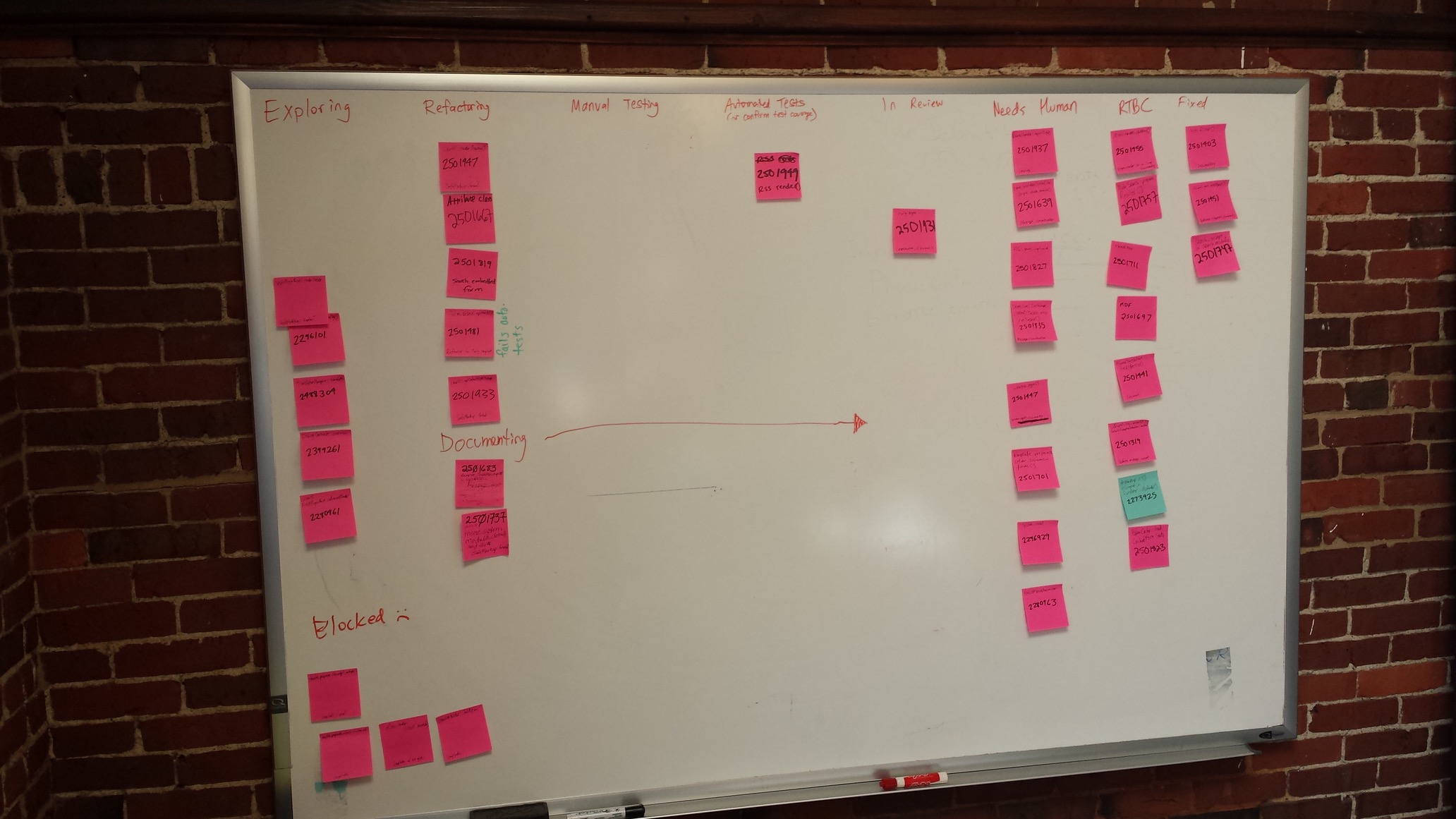 A whiteboard with many sticky notes representing drupal.org issues
