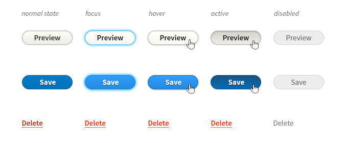 buttons with fully rounded corners, showing the different states from normal, focus, hover, to active - using Drupal blue
