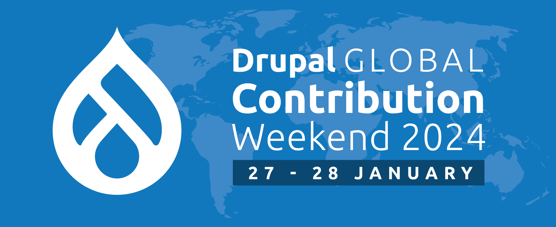 Drupal signet, Drupal Global Sprint Weekend 2023, date in byline, blue background with world map
