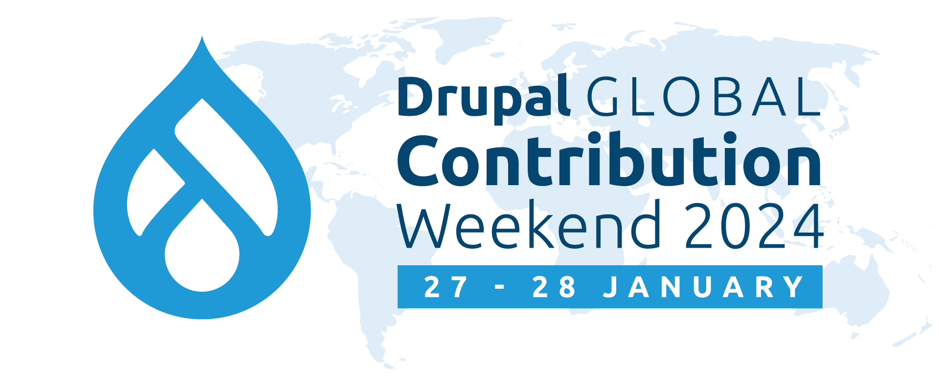 Drupal signet, Drupal Global Sprint Weekend 2023, date in byline, white background with world map