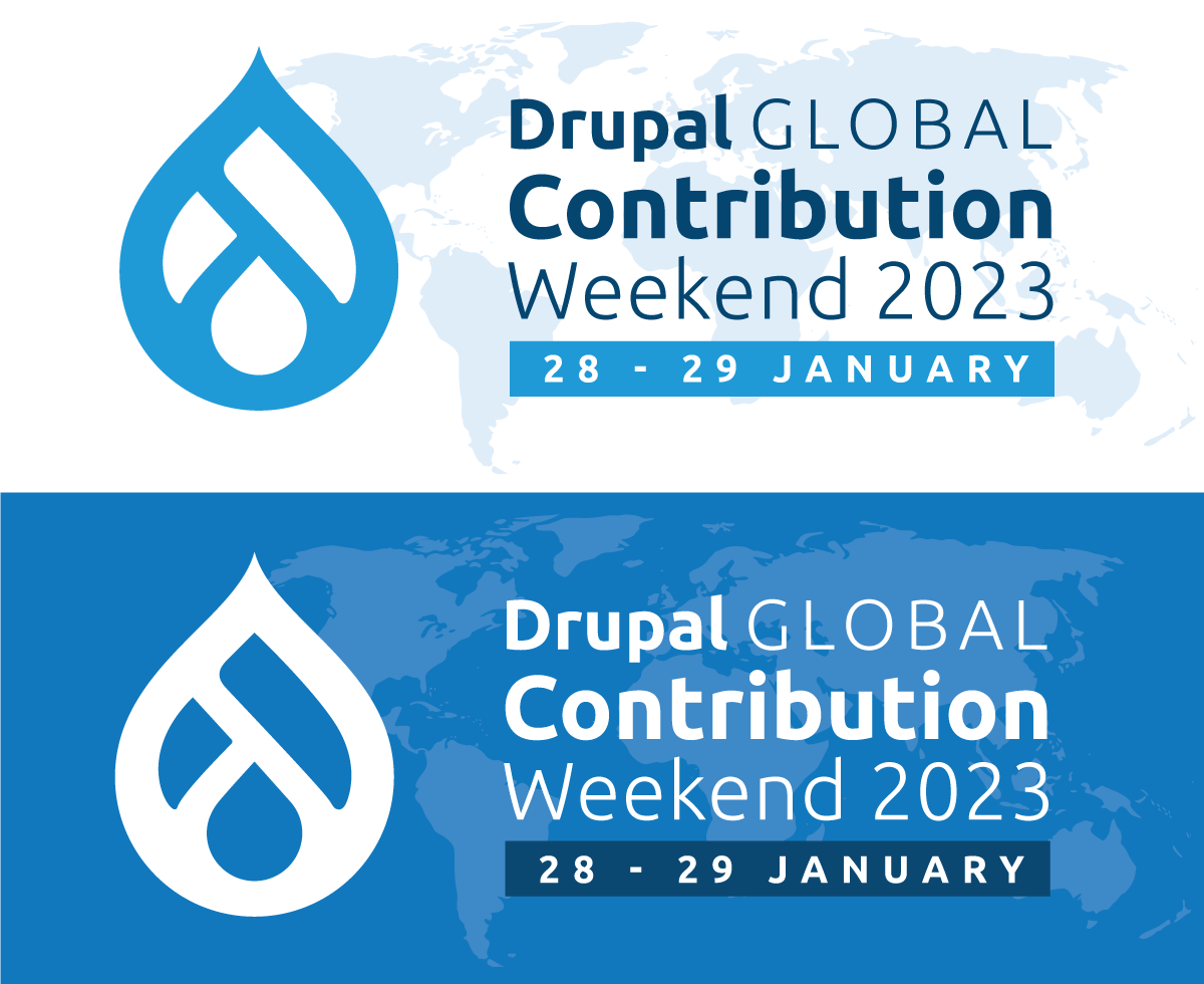 Drupal signet, Drupal Global Sprint Weekend 2023, date in byline, world map in background, white and blue versions
