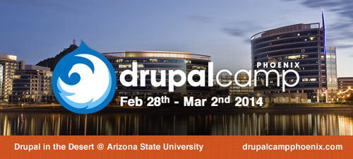 Drupal Camp Phoenix logo over Tempe city scape