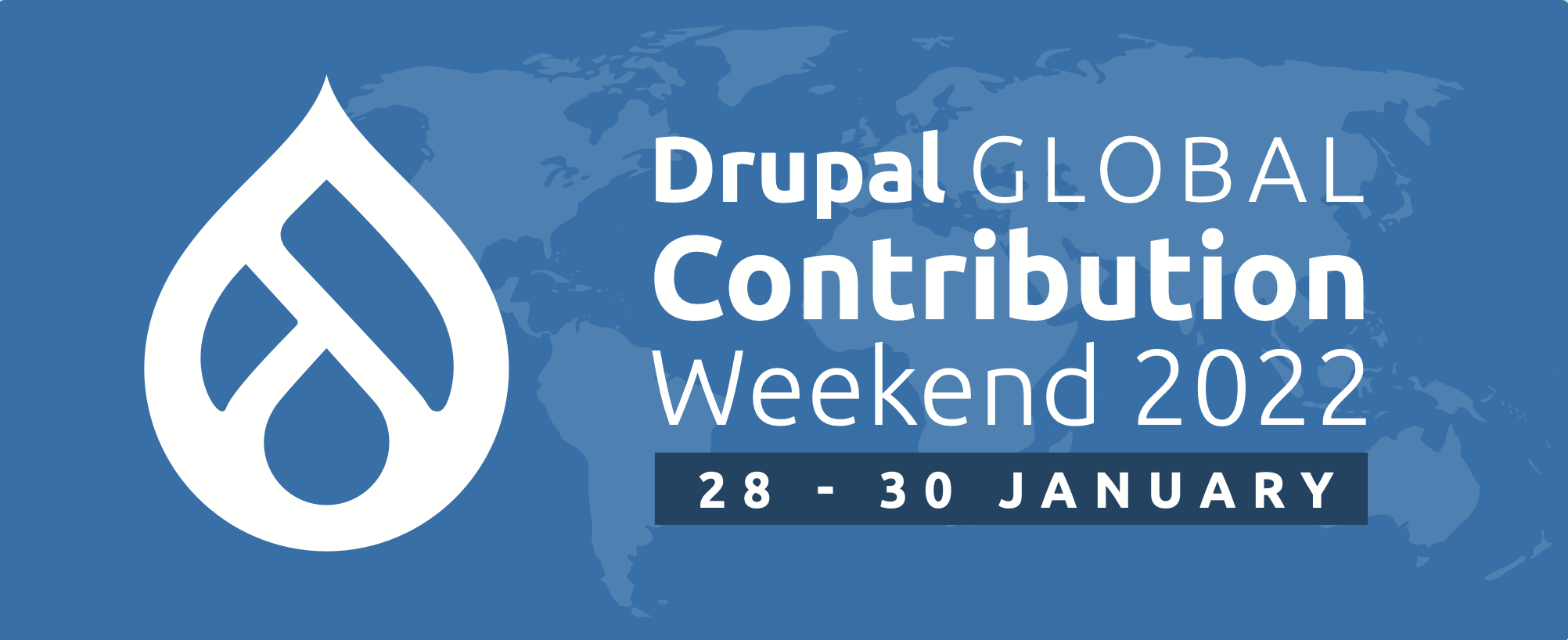 Drupal signet dark blue, Drupal Global Sprint Weekend 2022, date in byline, world map in background