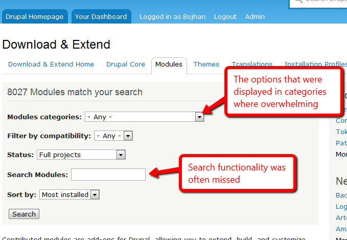 Search box is easily missed, and confusing category options are the first thing people fixated on.