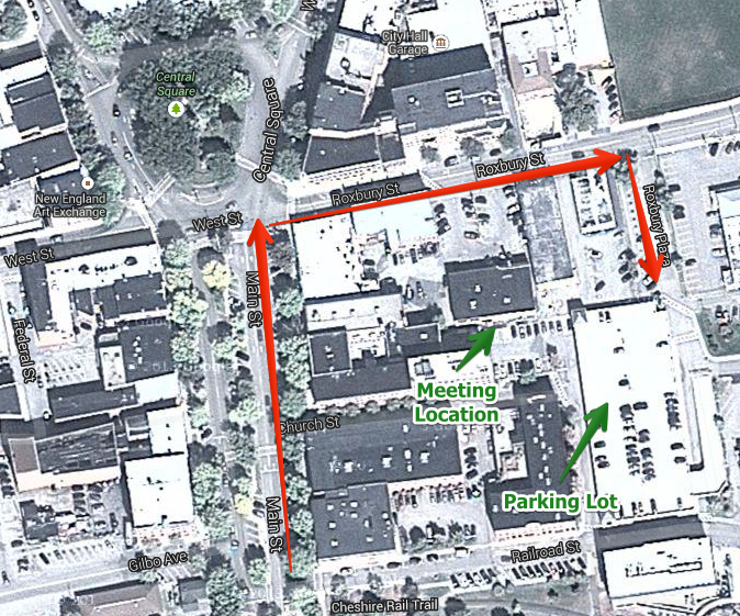 Map with indicators for the meetup location and parking.